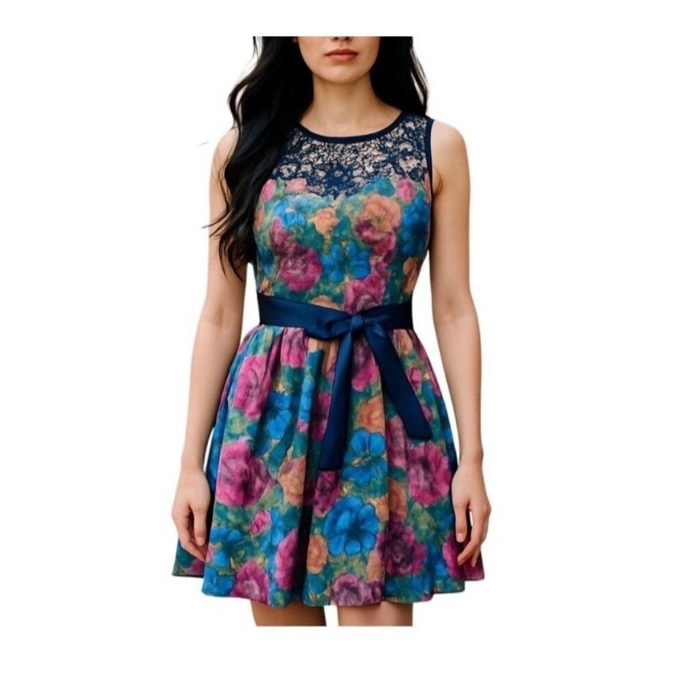 Tatyana Pink Blue Floral Sleeveless Belted Fit and Flare Dress XL